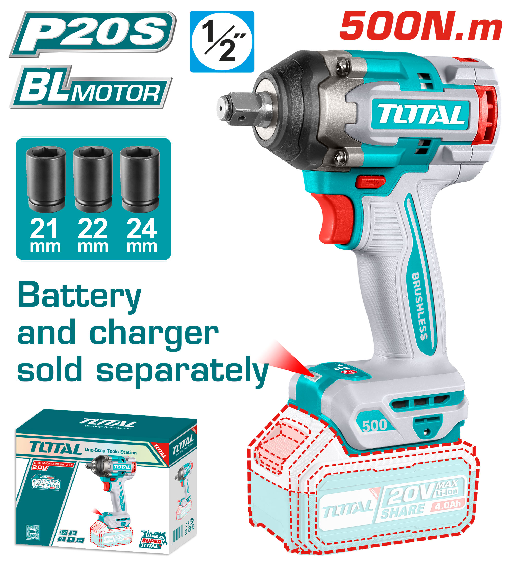 Llave De Impacto Total 20v 500nm Sin Bat/Carg