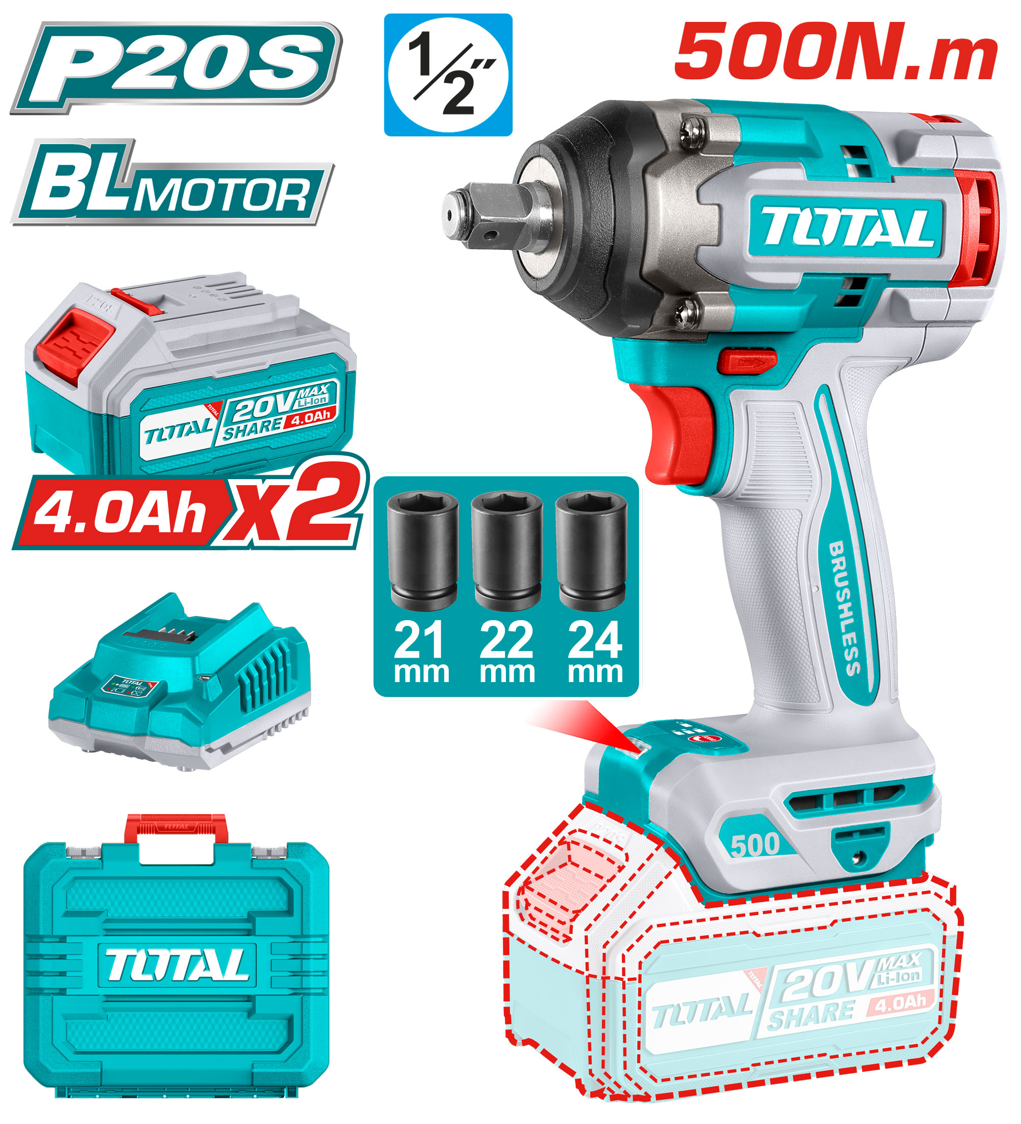 Llave De Impacto Total 20v 500nm Con Bat/Carg