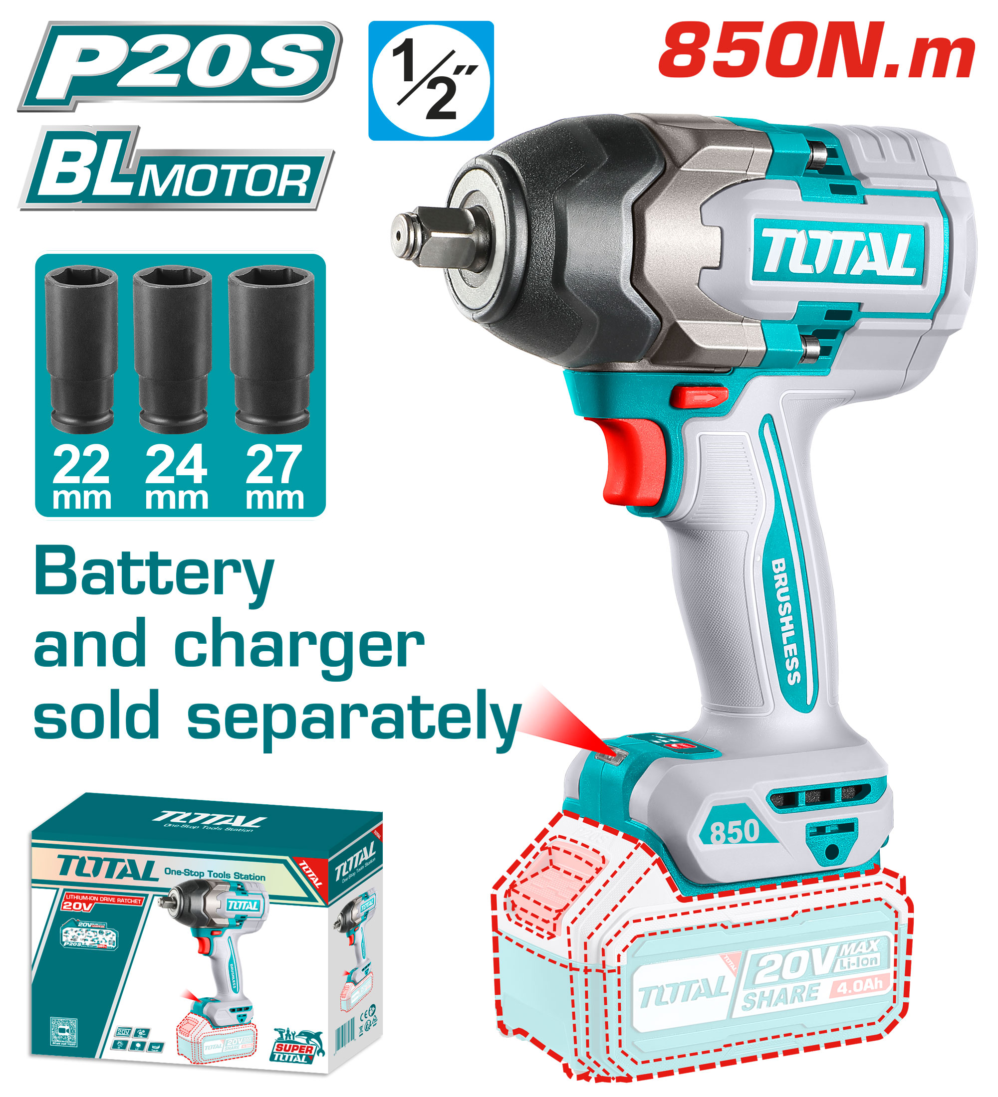 Llave De Impacto Total 20v 850nm Sin Bat/Carg