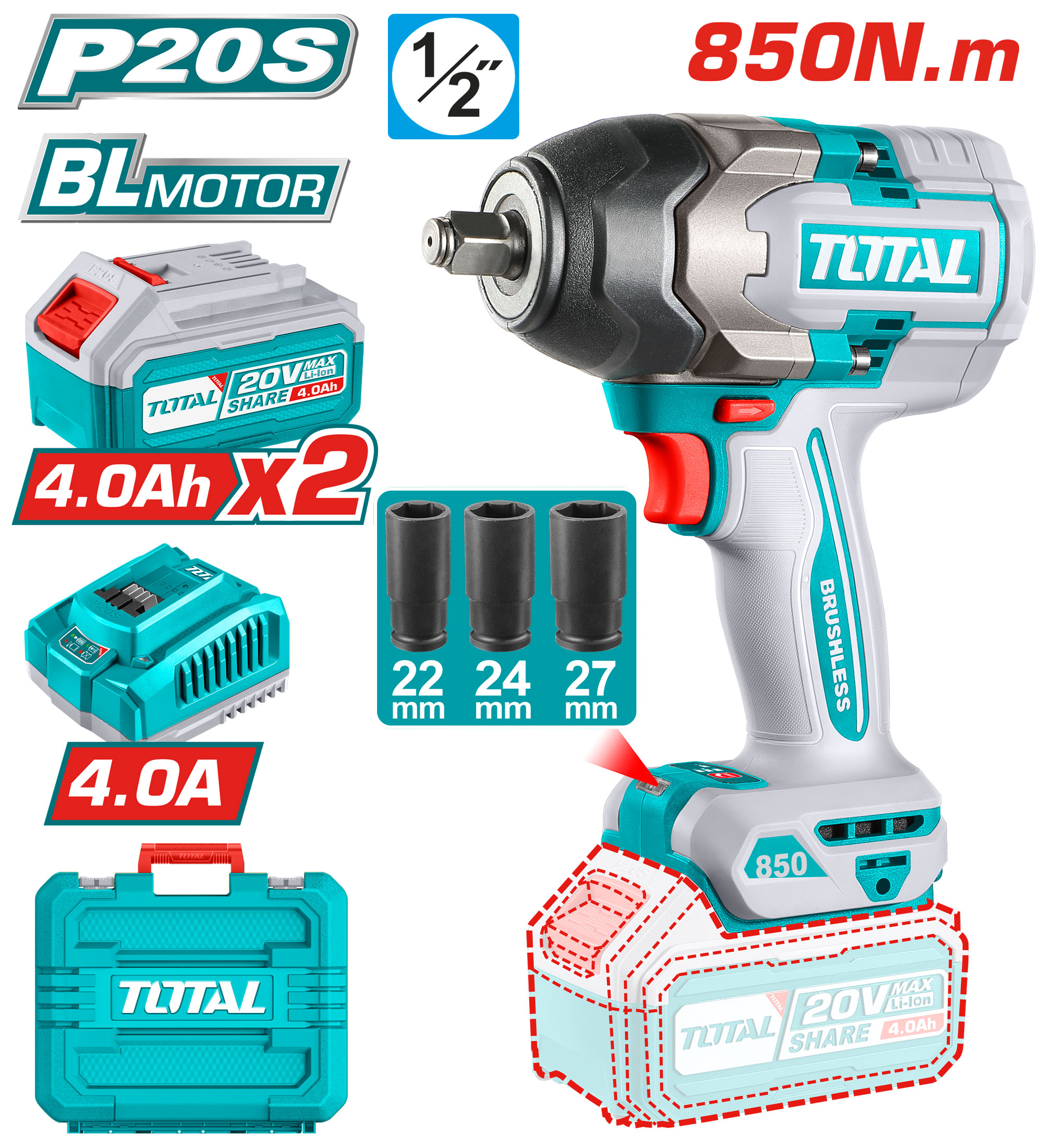 Llave De Impacto Total 20v 850nm Con Bat/Carg